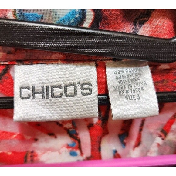 Chicos Women 3 Red Shaket Button Sheer Burnout Floral Long Sleeve Abstract Artsy - Picture 8 of 12